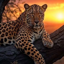 Leopard resting on a tree branch